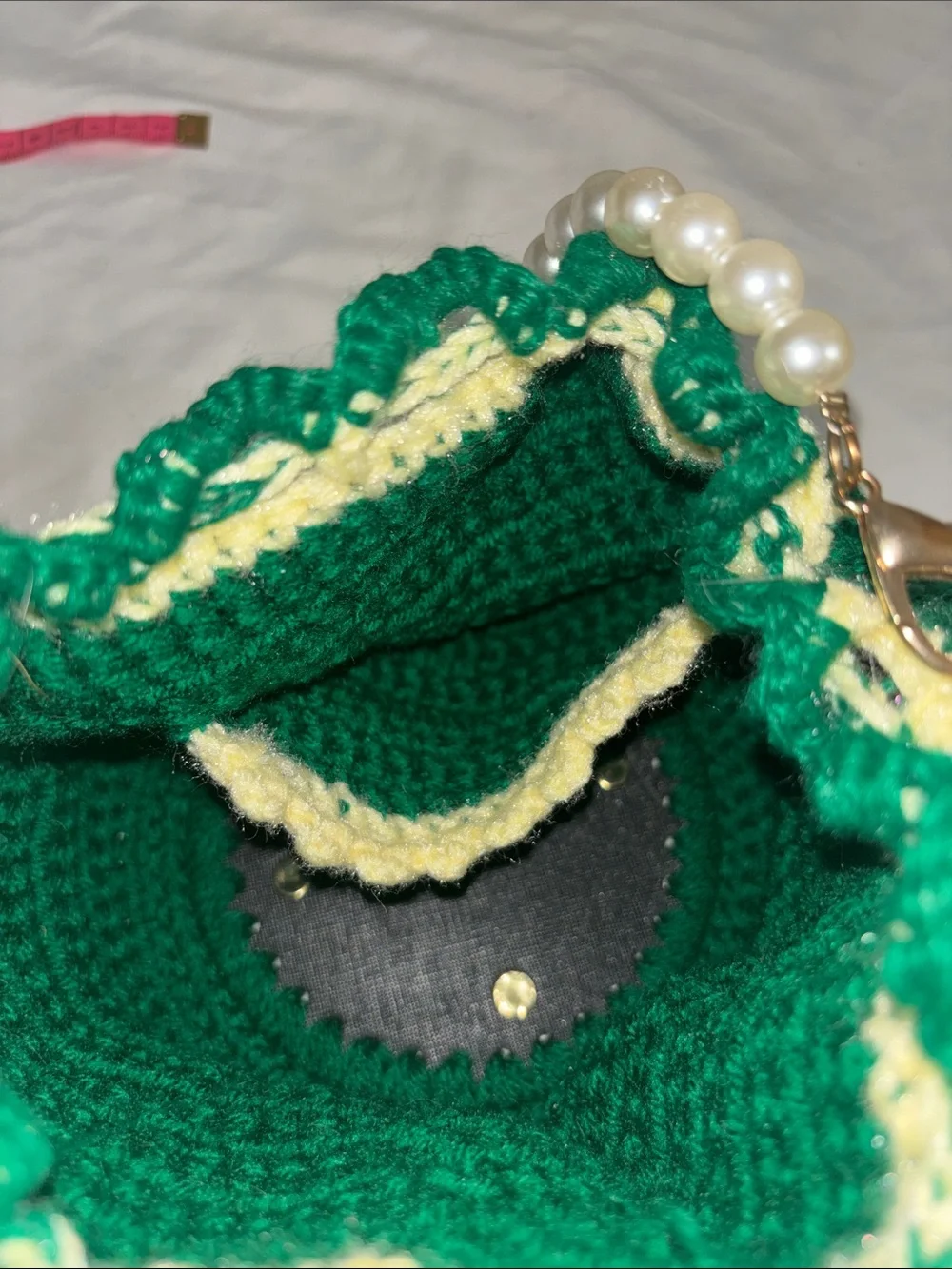 Handcrafted Green Crochet Drawstring hand Bag with Pearl Handle fairy floral